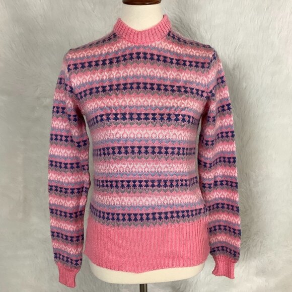Vintage 70s 80s Pink Blue Fair Isle Anba of Austria Mohair Blend Sweater S - Picture 1 of 8